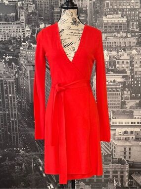Diane von Furstenberg Long Sleeve Knit Wrap Dress in Orange